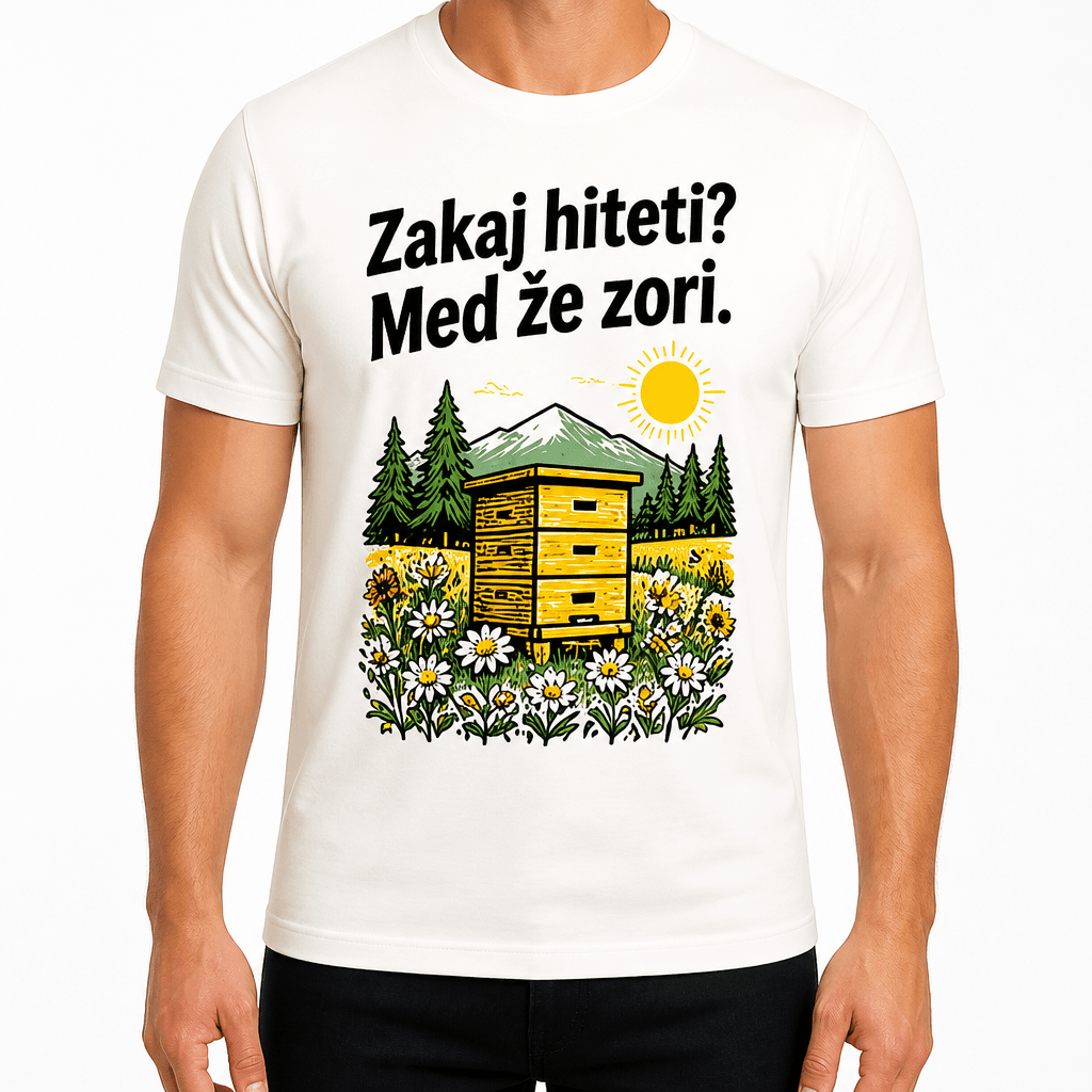 Majica za čebelarja – Zakaj hiteti? Med že zori.