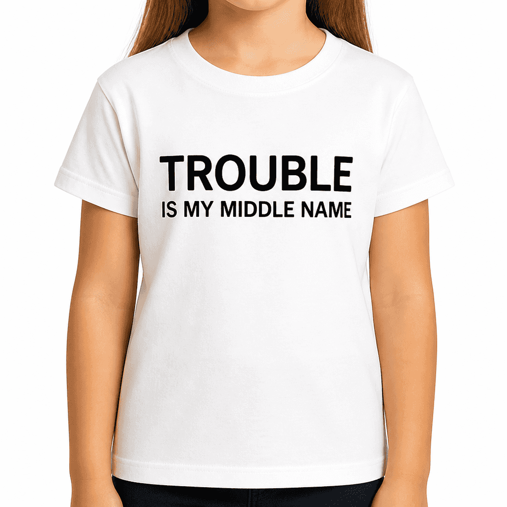 Smešna otroška majica TROUBLE IS MY MIDDLE NAME