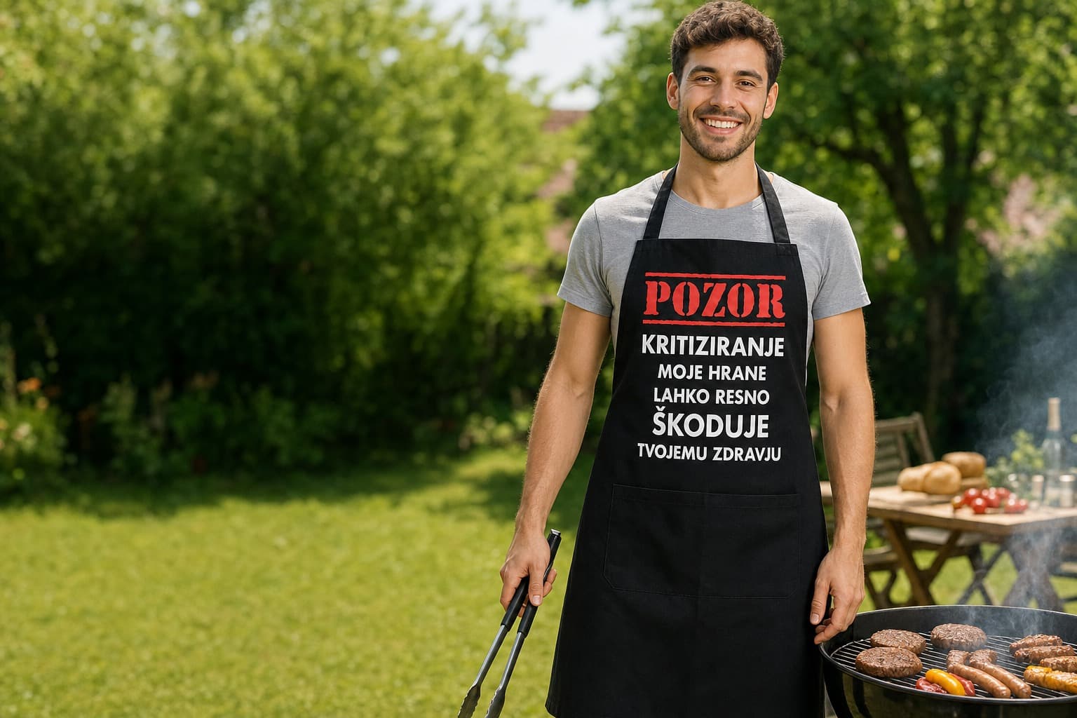 Moški na vrtnem žaru v predpasniku Pozor: kritiziranje hrane - Top-majice.com