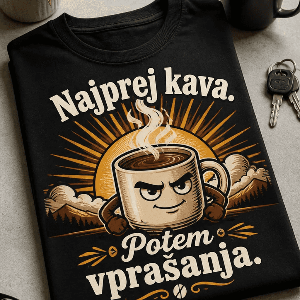 Majica s sloganom "Najprej kava. Potem vprašanja."