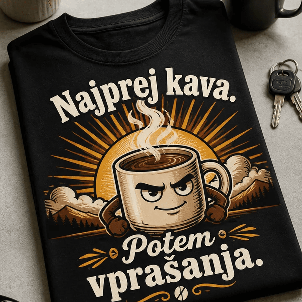 Majica s sloganom "Najprej kava. Potem vprašanja."