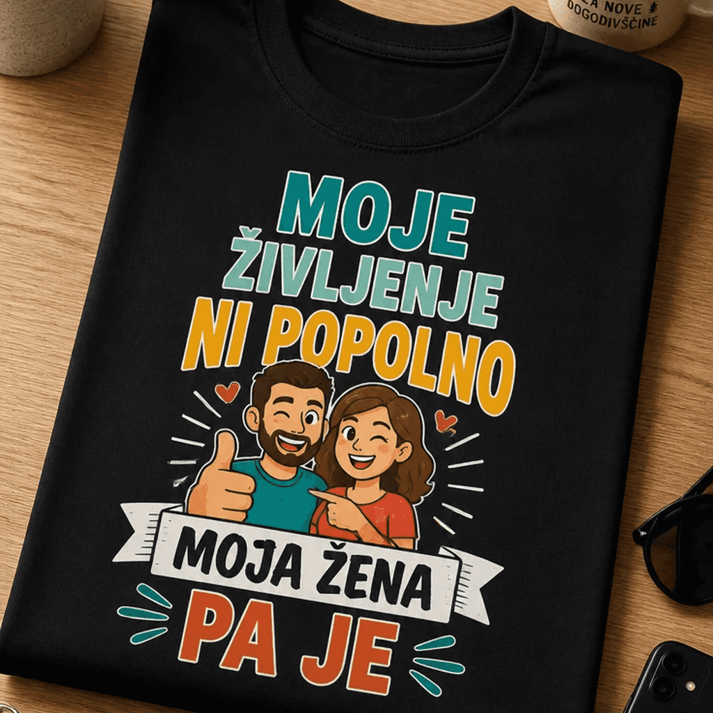 Majica za moža - MOJE ŽIVLJENJE NI POPOLNO MOJA ŽENA PA JE