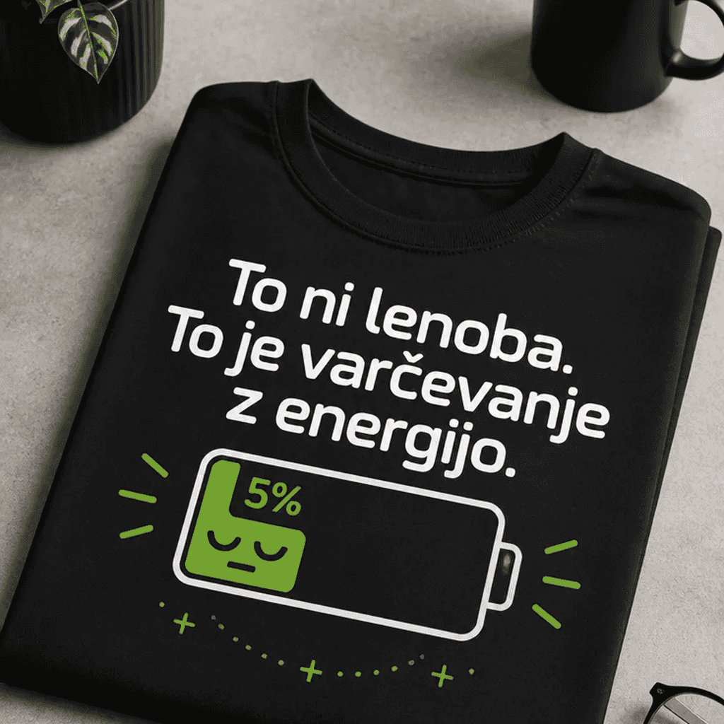 Majica z napisom To ni lenoba. To je varčevanje z energijo.