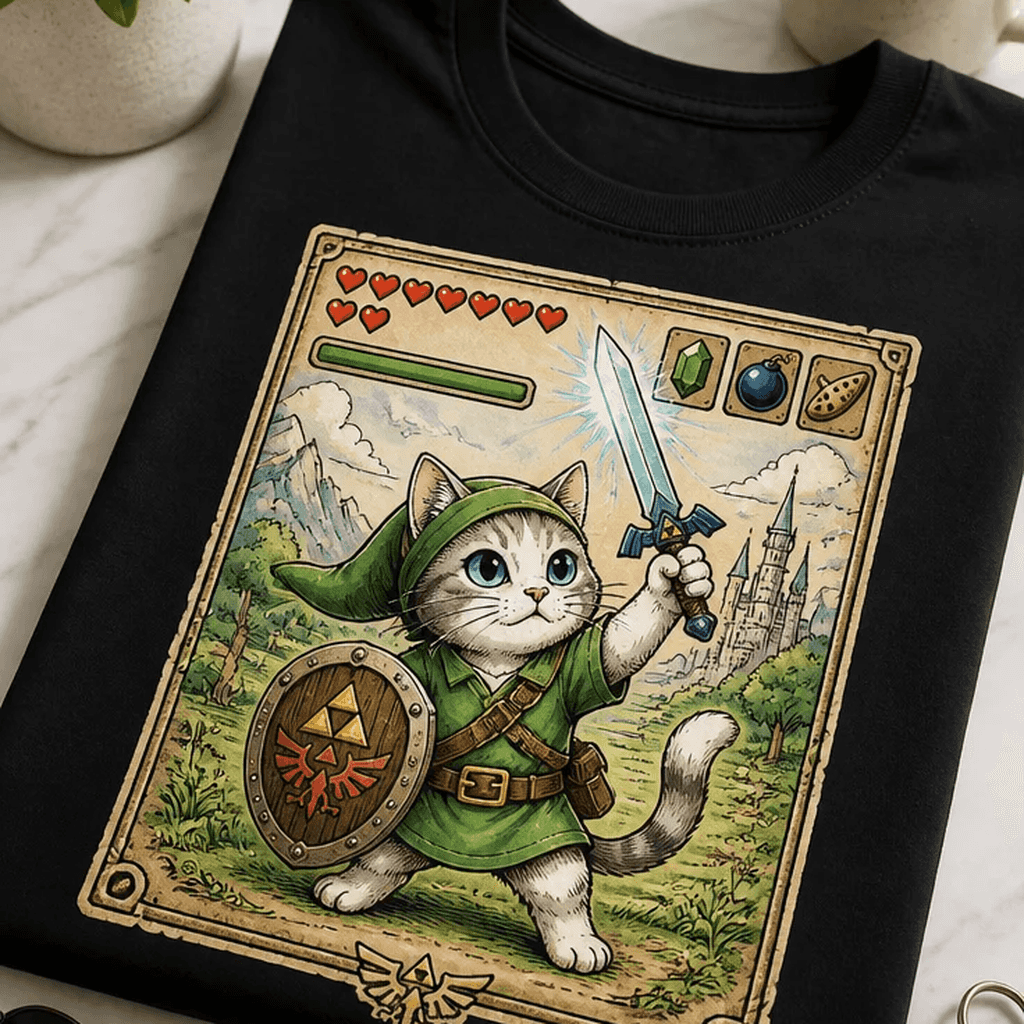 Majica za gamerje – mačji junak z mečem