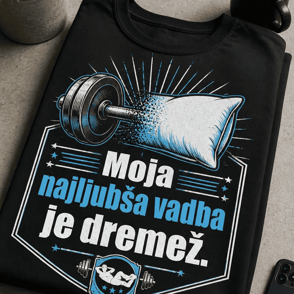 Majica z napisom Moja najljubša vadba je dremež.