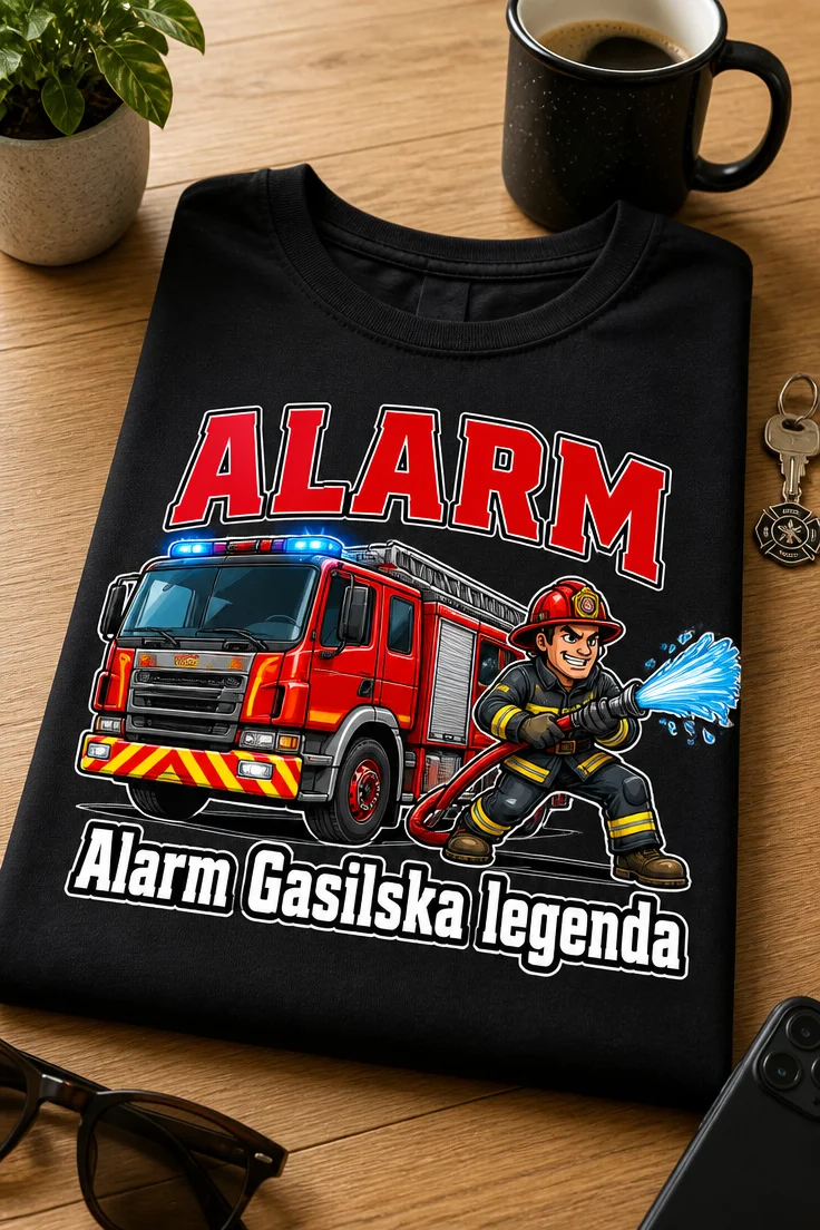 Majica z napisom Alarm Gasilska legenda, gasilcem in gasilskim vozilom