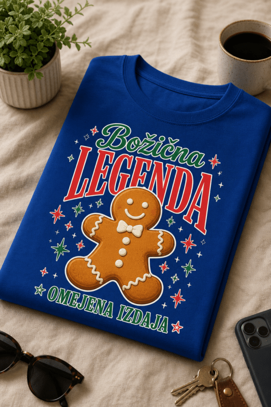 Božična majica z napisom Božična LEGENDA OMEJENA IZDAJA in motivom nasmejanega medenjaka