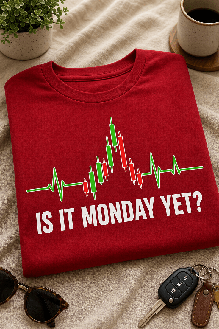 Majica z napisom IS IT MONDAY YET? in motivom srčnega utripa, ki se spremeni v borzni svečnik