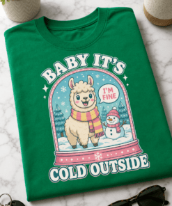 Majica Baby It's Cold Outside z retro zimsko ilustracijo lame, snežaka in napisom I'M FINE
