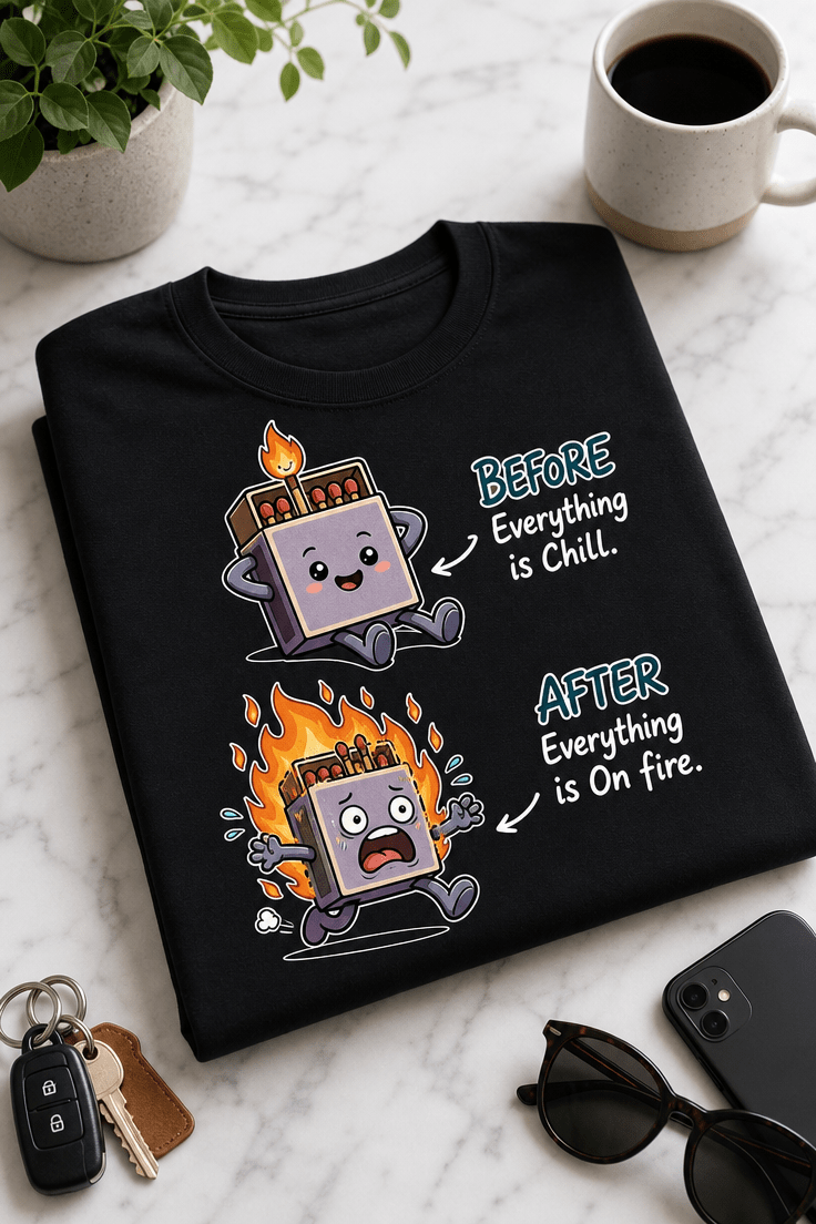 Majica z napisom BEFORE Everything is Chill. AFTER Everything is On fire. in prikupnim likom vžigalice pred in po kaosu