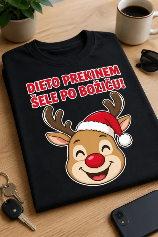 Božična majica z napisom Dieto prekinem šele po božiču! in prikupnim jelenčkom