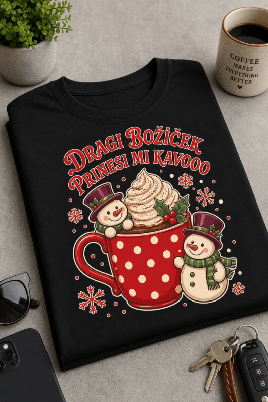Majica z napisom Dragi Božiček prinesi mi kavooo in vintage prazničnim motivom skodelice ter snežakov