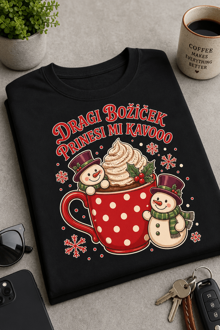 Majica z napisom Dragi Božiček prinesi mi kavooo in vintage prazničnim motivom skodelice ter snežakov
