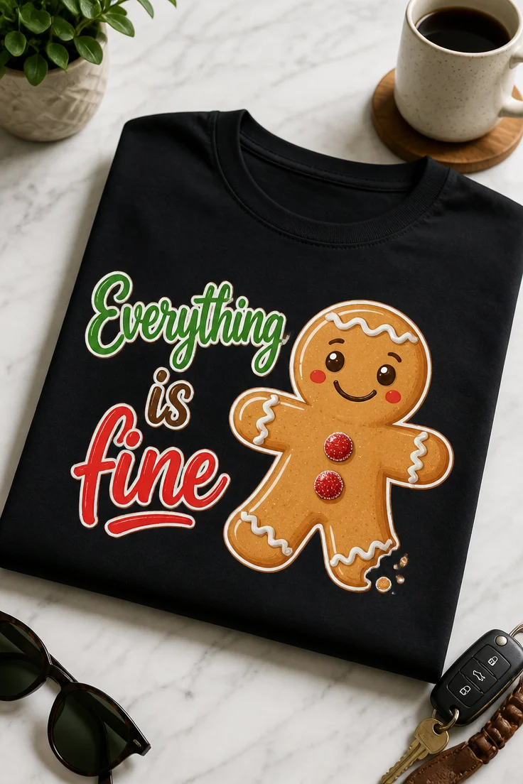 Majica z napisom Everything is fine in nasmejanim medenjakom z odgriznjeno nogo