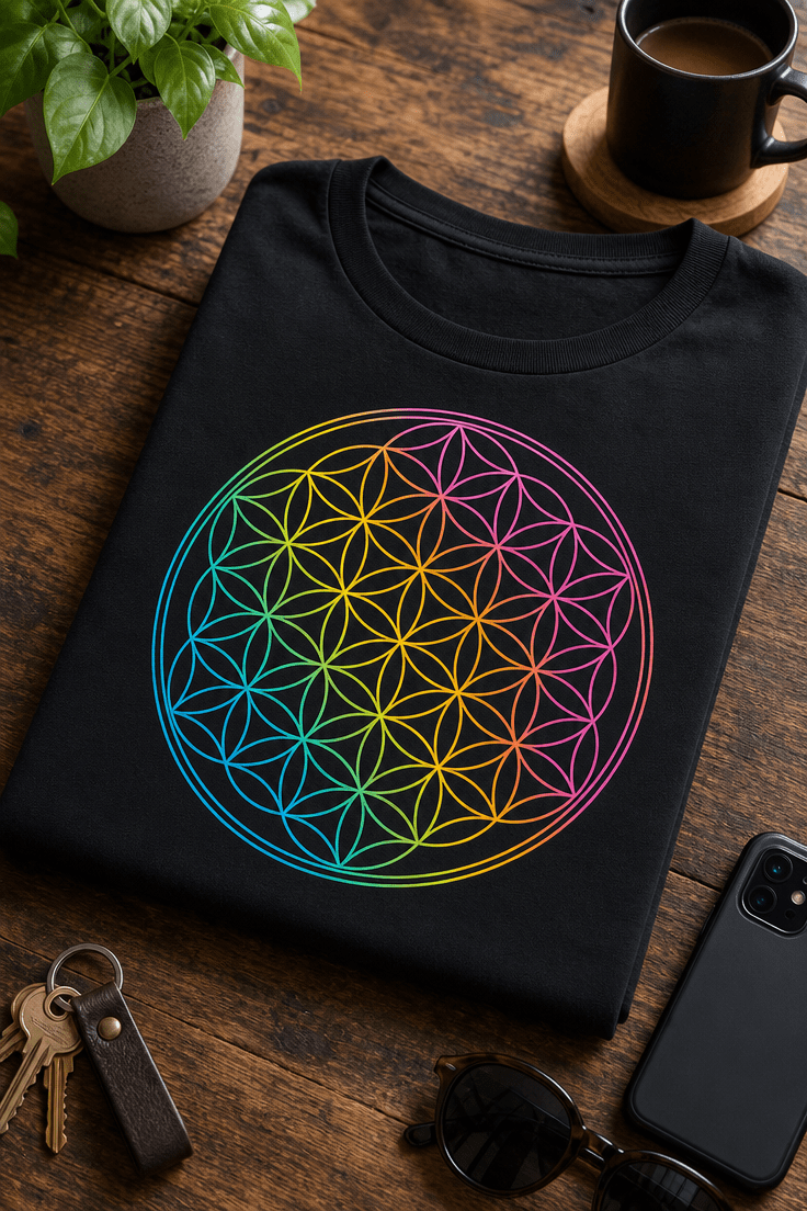 Majica z mavričnim geometrijskim motivom Flower of Life