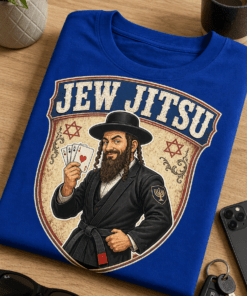 Majica z napisom JEW JITSU in parodičnim vintage grbom z ilustracijo moža s kartami