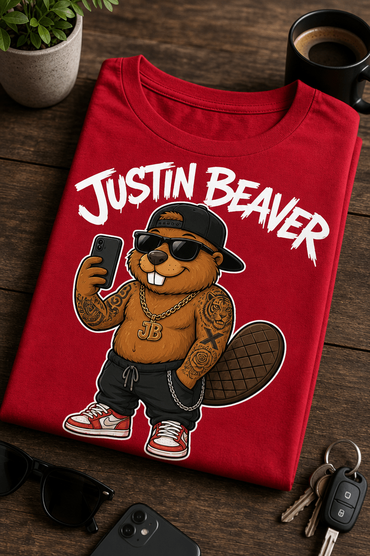 Majica z napisom Justin Beaver in risanim bobrom v slogu pop zvezdnika