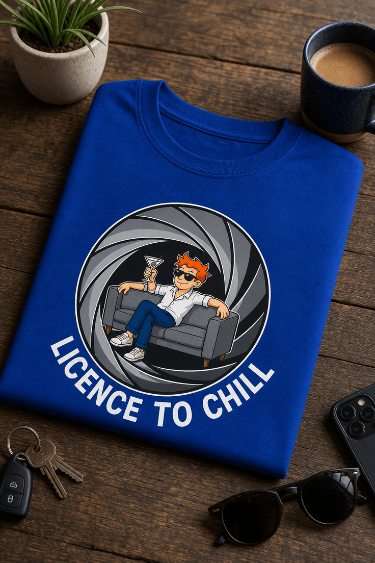 Majica z napisom Licence to chill in sproščenim filmskim motivom na kavču