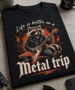 Retro rock emblem z rakunom, ki igra električno kitaro, in napisom Life is better on a Metal trip