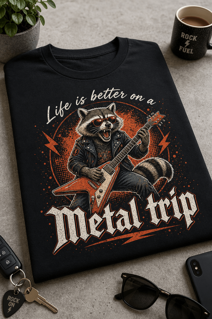 Retro rock emblem z rakunom, ki igra električno kitaro, in napisom Life is better on a Metal trip