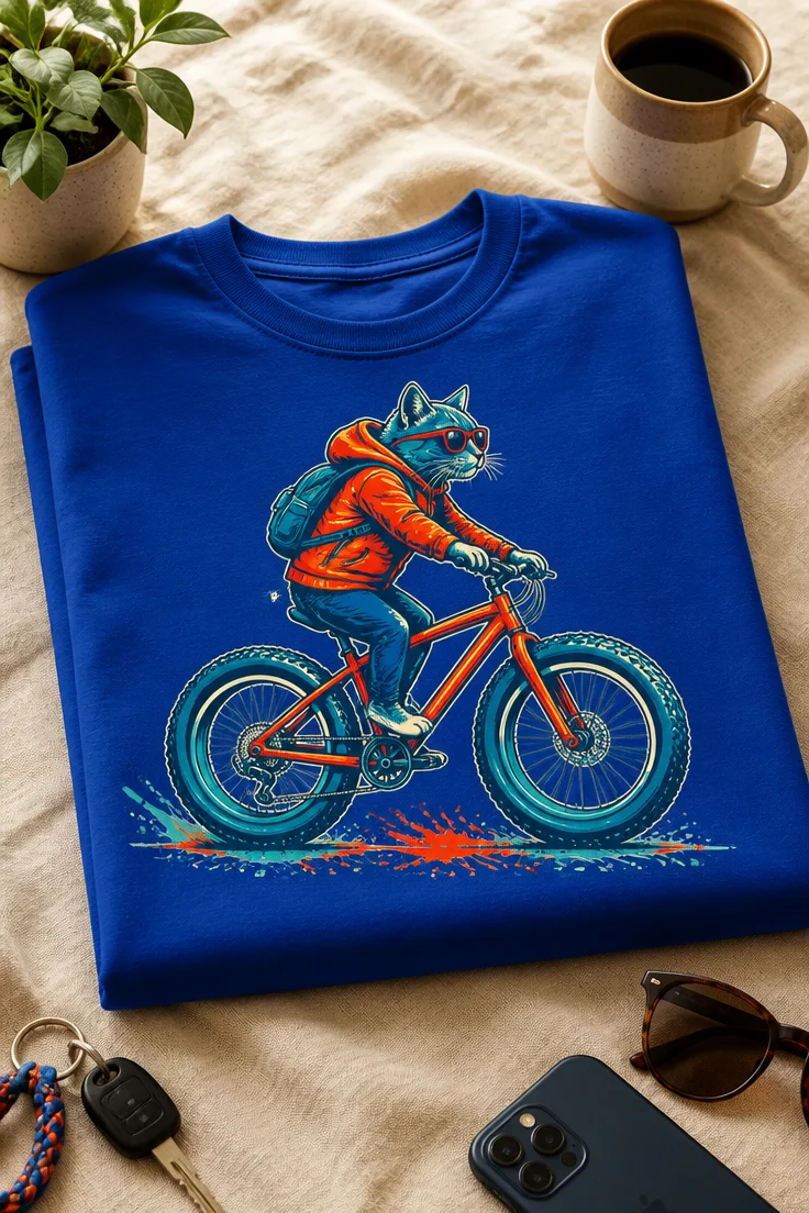 Majica z motivom mačke, ki vozi kolo
