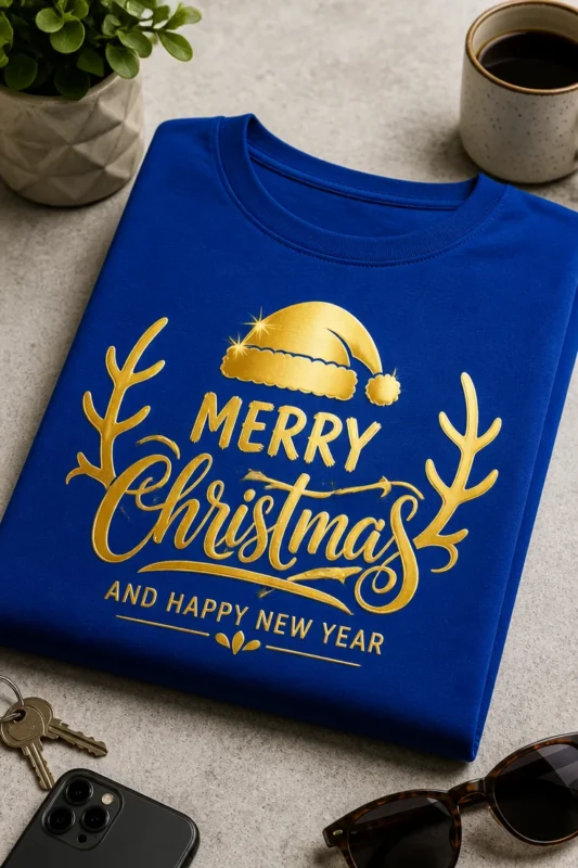 Majica z napisom Merry Christmas and Happy New Year v elegantnem prazničnem slogu