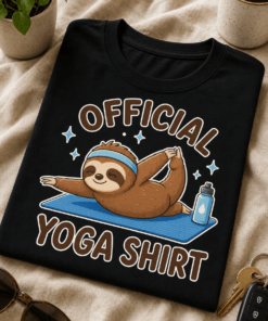 Majica z napisom Official yoga shirt in motivom lenivca v joga pozi na modri blazini