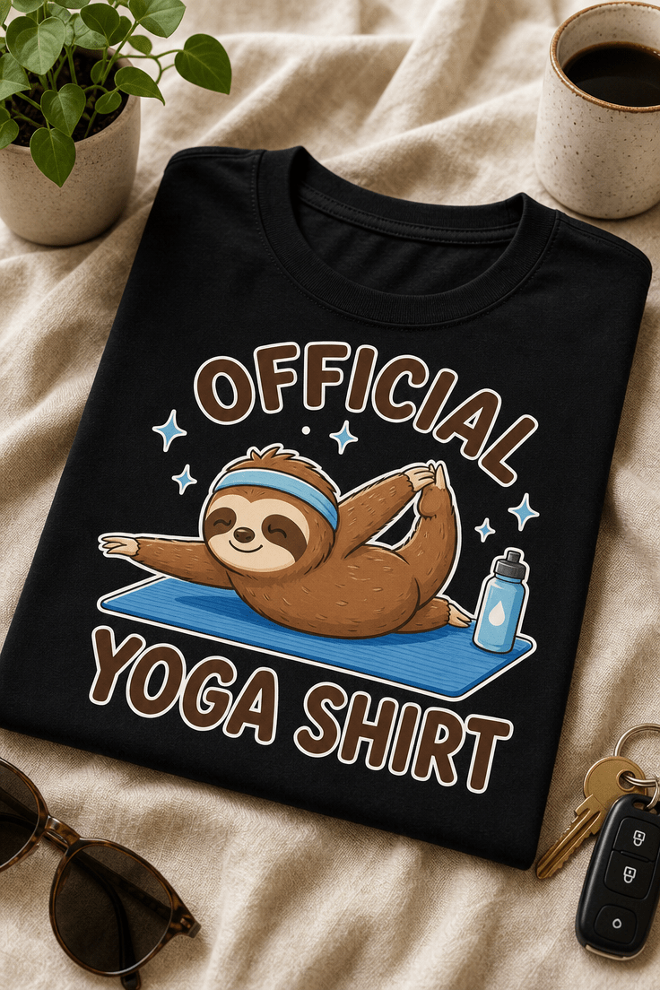 Majica z napisom Official yoga shirt in motivom lenivca v joga pozi na modri blazini