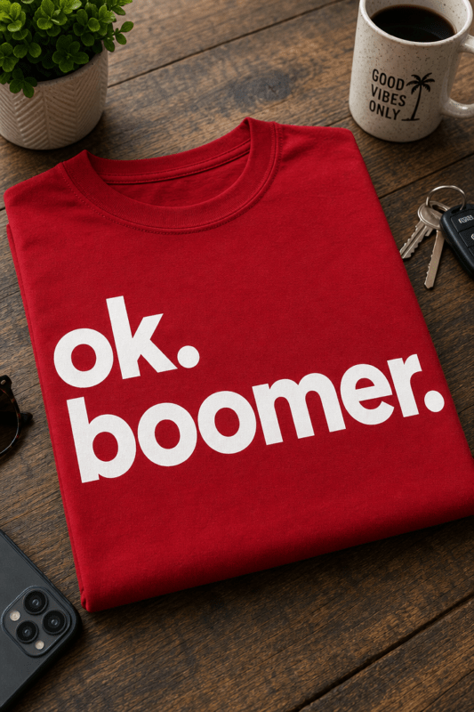 Majica z napisom ok. boomer. v minimalističnem tipografskem slogu