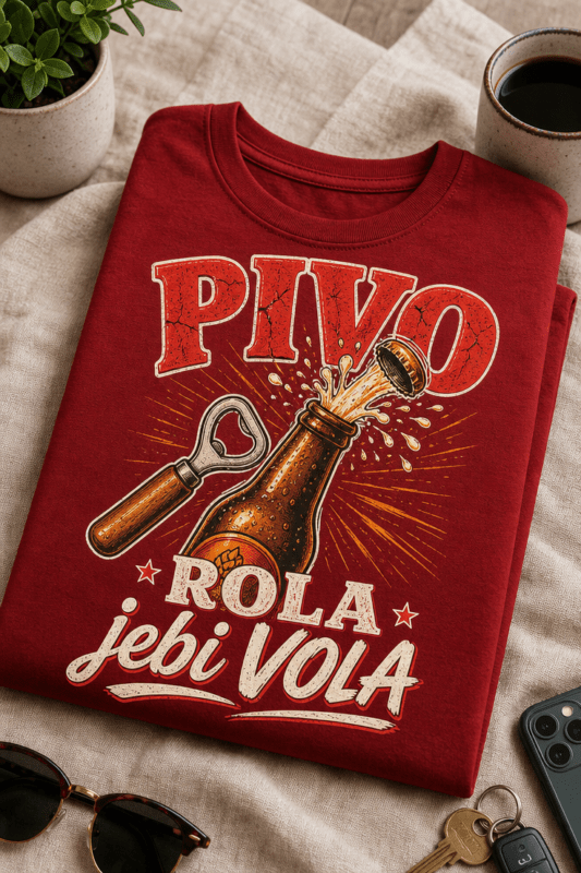 Majica z napisom Pivo rola jebi vola in retro motivom pivske steklenice
