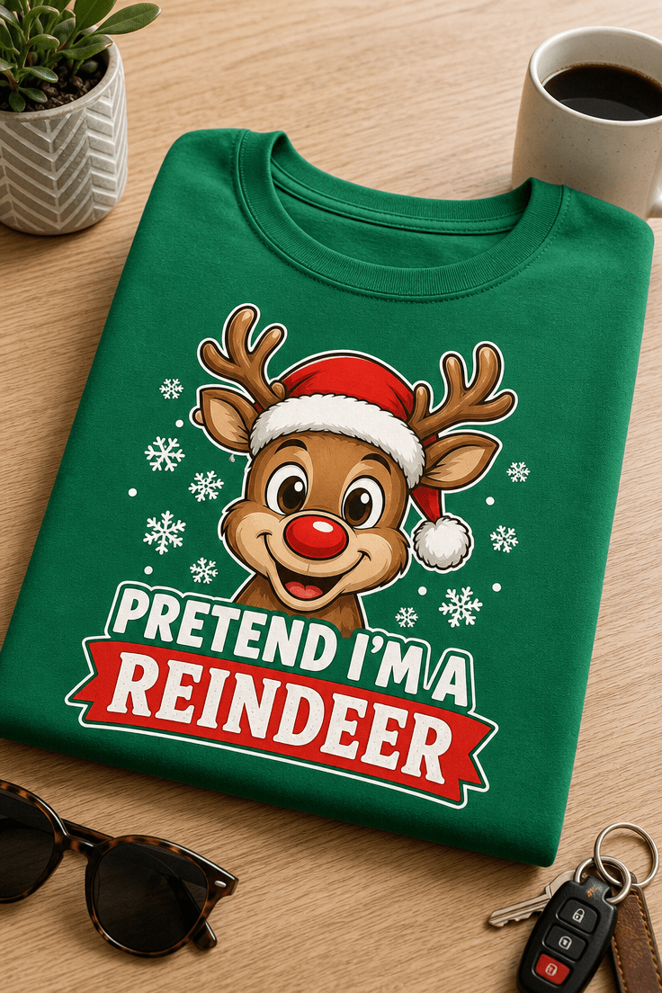 Božična majica z napisom PRETEND I'M A REINDEER in prikupnim jelenčkom z rdečo kapo
