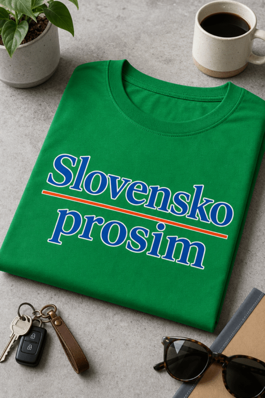 Majica z napisom Slovensko prosim v minimalističnem tipografskem slogu