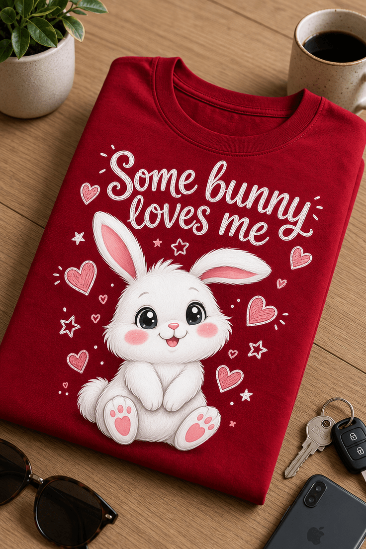 Majica z napisom Some bunny loves me in prikupnim belim zajčkom, srčki ter romantičnim motivom