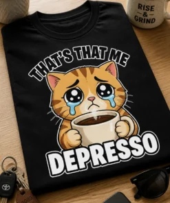 Majica z napisom THAT'S THAT ME DEPRESSO in žalostnim mačkom za skodelico kave