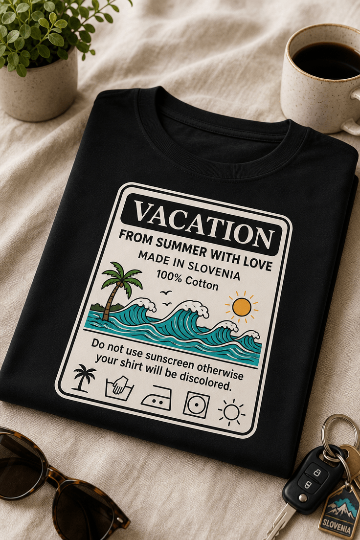 Parodična majica z napisom VACATION FROM SUMMER WITH LOVE MADE IN SLOVENIA 100% Cotton in šaljivim opozorilom o sončni kremi