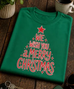 Božična majica z napisom WE WISH YOU a MERRY CHRISTMAS v obliki smrečice