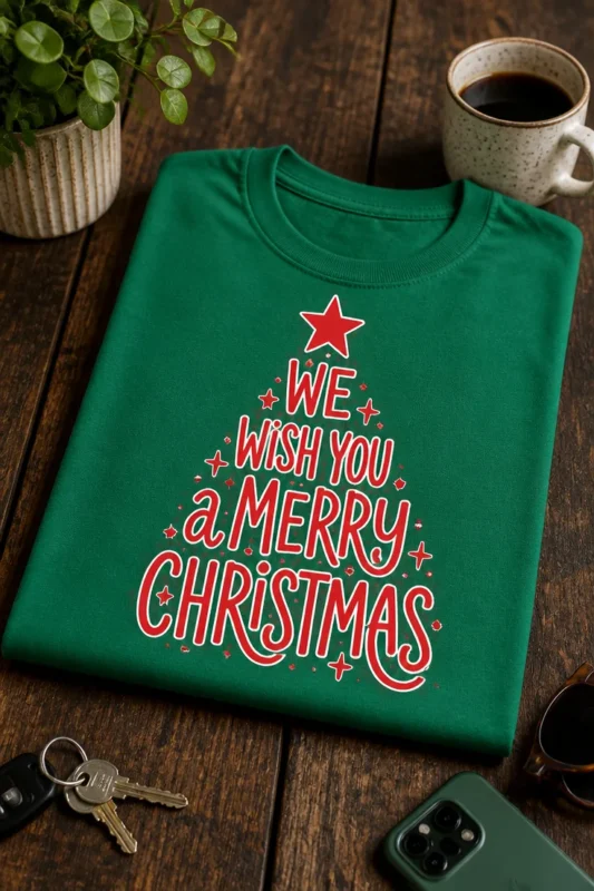 Božična majica z napisom WE WISH YOU a MERRY CHRISTMAS v obliki smrečice