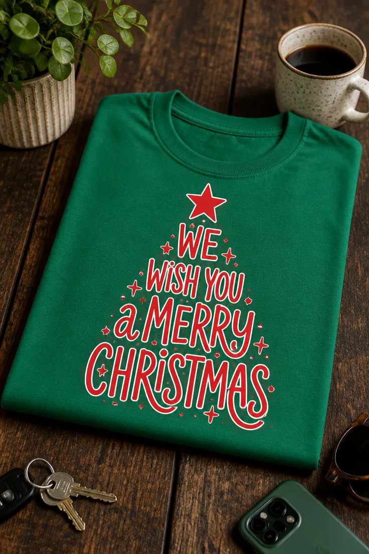 Božična majica z napisom WE WISH YOU a MERRY CHRISTMAS v obliki smrečice