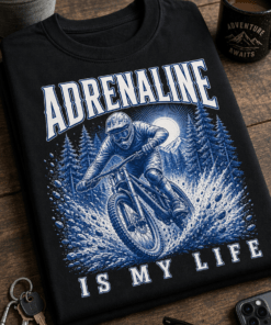 Majica z napisom ADRENALINE IS MY LIFE in motivom gorskega kolesarja v spustu