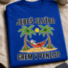 Majica z napisom Jebeš službo grem v penzijo in tropskim motivom palm, sonca ter viseče mreže