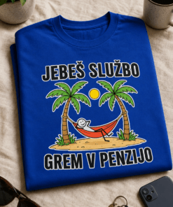 Majica z napisom Jebeš službo grem v penzijo in tropskim motivom palm, sonca ter viseče mreže