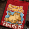 Majica z napisom Oprosti ne morem Penzija me kliče in retro motivom lene mačke z daljincem