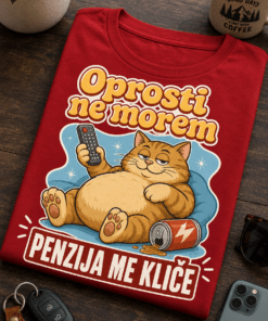 Majica z napisom Oprosti ne morem Penzija me kliče in retro motivom lene mačke z daljincem