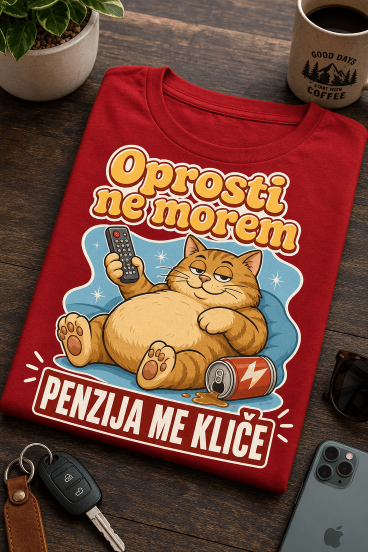 Majica z napisom Oprosti ne morem Penzija me kliče in retro motivom lene mačke z daljincem