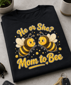 Majica za bodočo mamico z napisom He or She? Mom to Bee in motivom dveh prikupnih čebelic v toplih rumeno-rjavih odtenkih