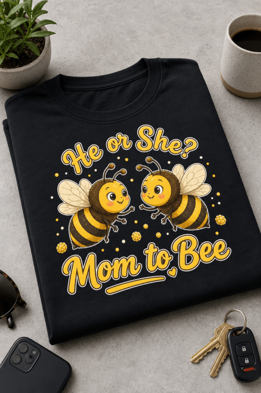 Majica za bodočo mamico z napisom He or She? Mom to Bee in motivom dveh prikupnih čebelic v toplih rumeno-rjavih odtenkih