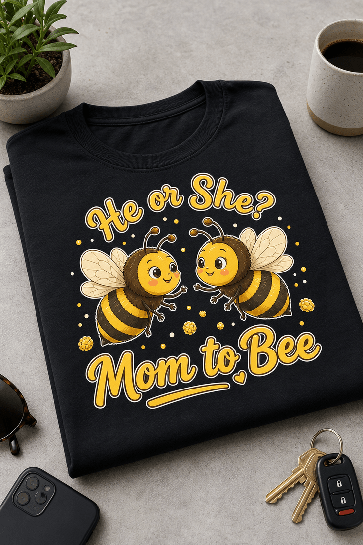 Majica za bodočo mamico z napisom He or She? Mom to Bee in motivom dveh prikupnih čebelic v toplih rumeno-rjavih odtenkih