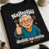 Prijazen risan dedek z očali, sivimi brki in dvignjenim palcem ter napisom Najboljši dedek na svetu