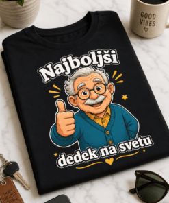 Prijazen risan dedek z očali, sivimi brki in dvignjenim palcem ter napisom Najboljši dedek na svetu