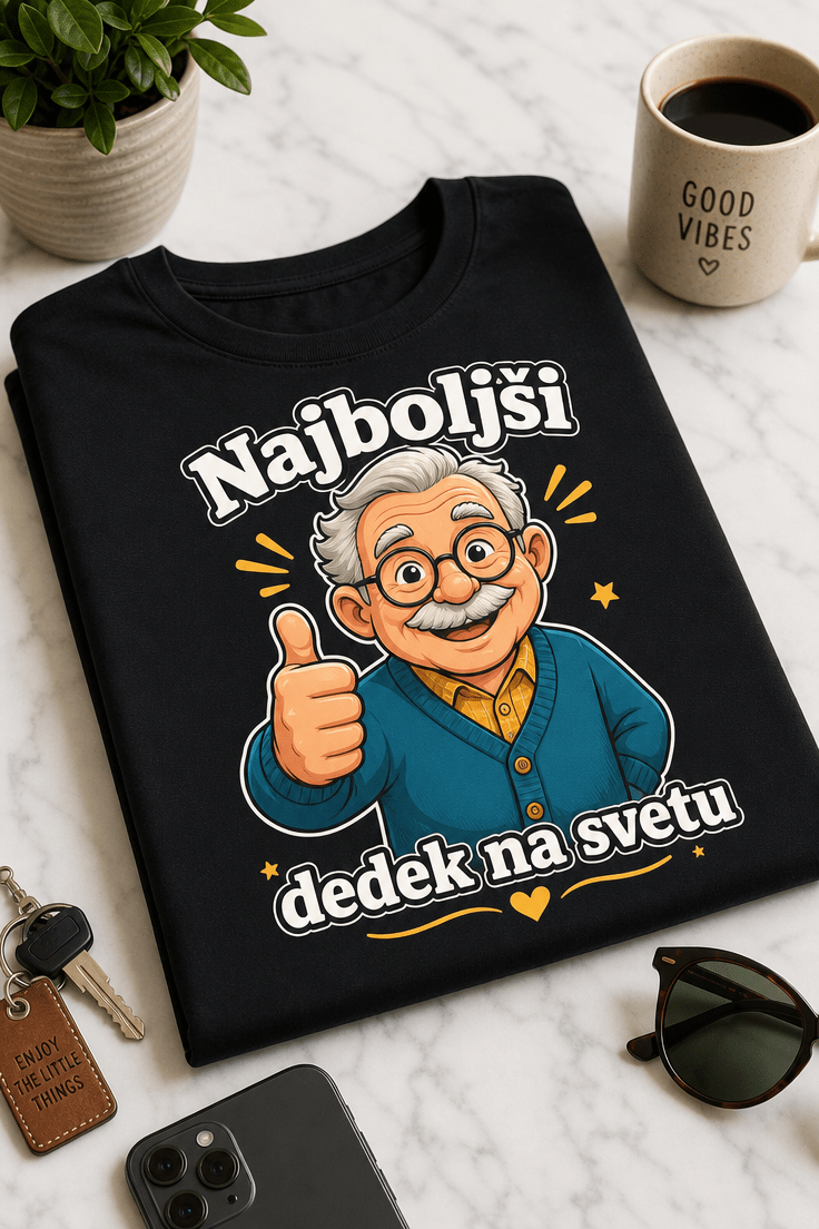 Prijazen risan dedek z očali, sivimi brki in dvignjenim palcem ter napisom Najboljši dedek na svetu